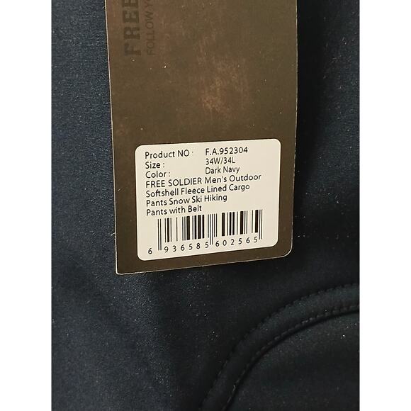 NWT Free Soldier Mens Outdoor Softshell Fleece Lined Cargo Pants,BLACK-Sz34Wx34L - Picture 3 of 3